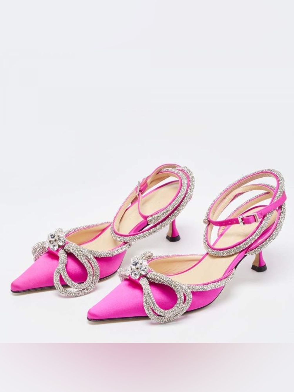 Magenta Satin Double Bow Crystal Embellish Wrap Pumps Pink Slingback Heels 39